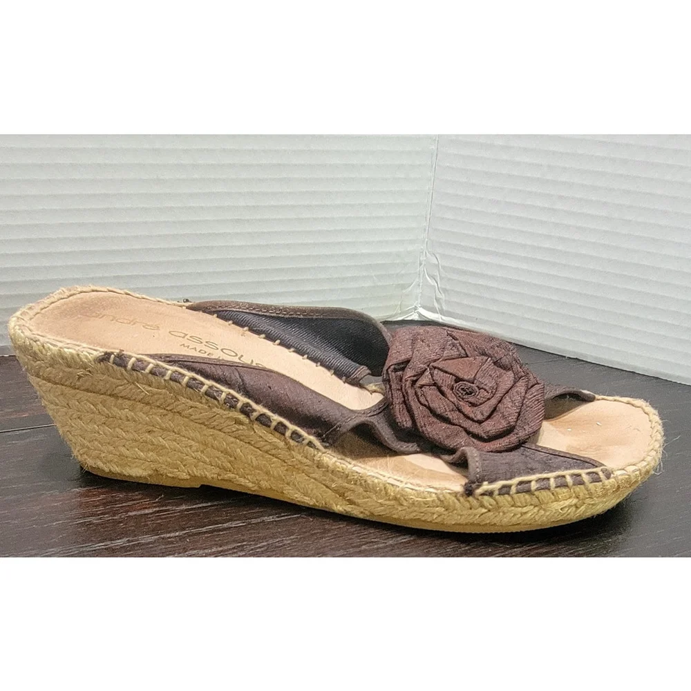 Andre Assous Brown Silk Flower Espadrille Wedge Sandals Size 10